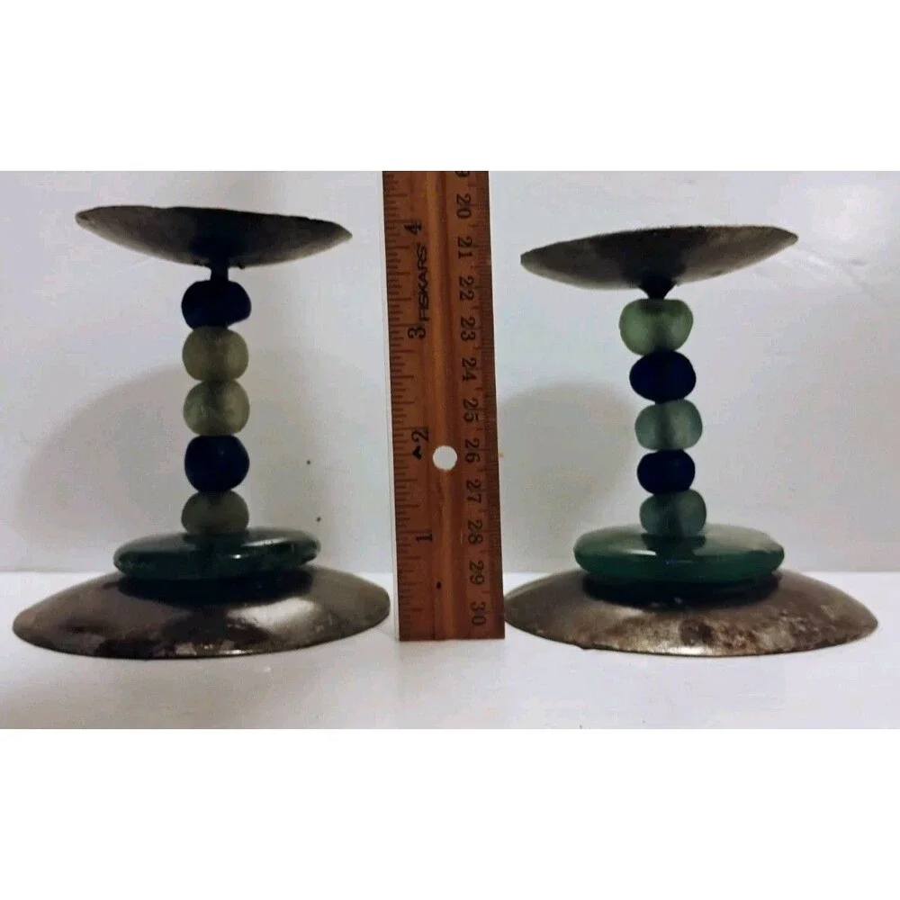 Vtg Savannah Pewter Glass Bead Pillar Candle Holders Pair Green Blue Stone India